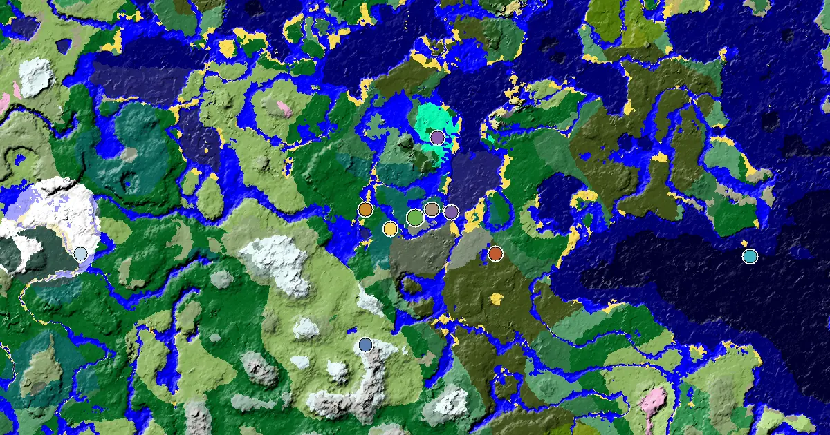 Minecraft Taiga Seed: a Village Beside Spawn — biome and structure map