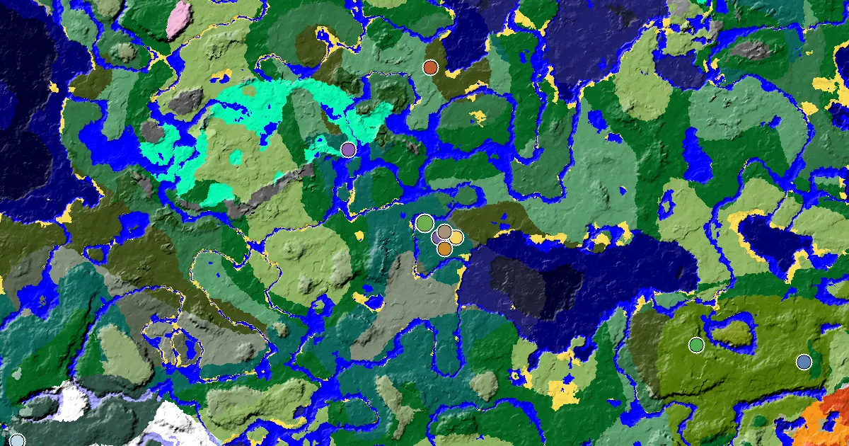 Minecraft Taiga Seed: a Village Beside Spawn — biome and structure map
