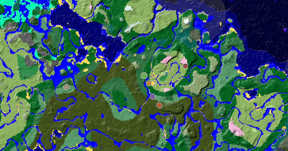 Forest Seed With a Village Beside Spawn — biome and structure map